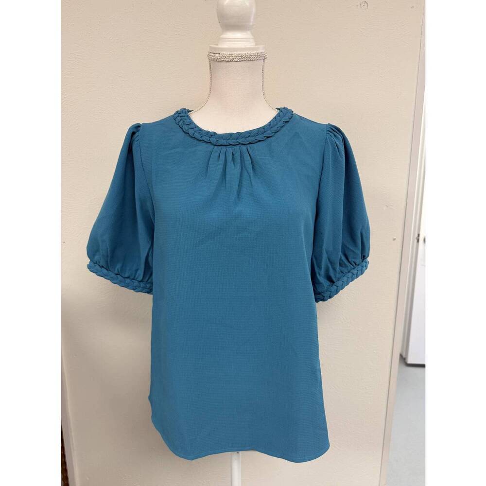 NEW VOY women's braided band short sleeve top in blue